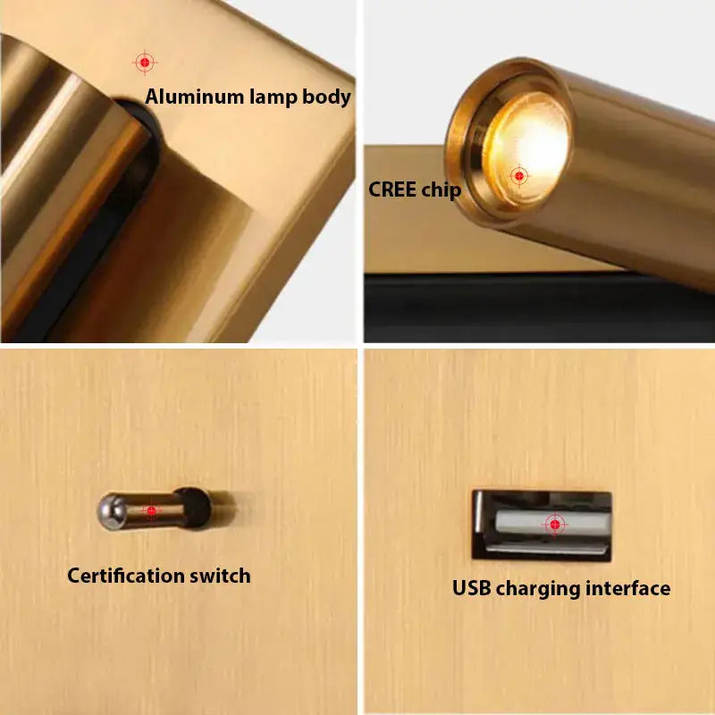 Modern gold led wall sconce in aluminum with cree chip and usb charging for bedroom reading light decorbites led wall