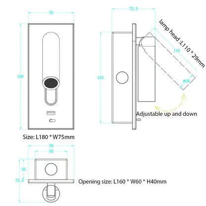 Modern gold led wall sconce with usb charging featuring an adjustable sleek rectangular lamp head for bedroom reading light decorbites led wall