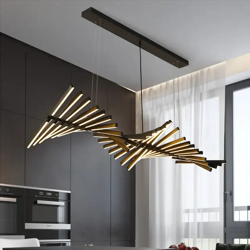 Modern gold-toned decorbites led wave pendant chandelier with angular bars for elegant dining room lighting decor