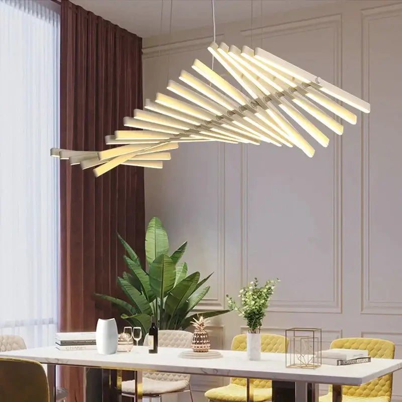 Modern white led wave pendant chandelier with geometric fan design and angled light bars for dining room decorbites led wave
