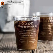 Clear glass decorbites glass breakfast cup with gold foil lettering filled with iced coffee for kitchen use