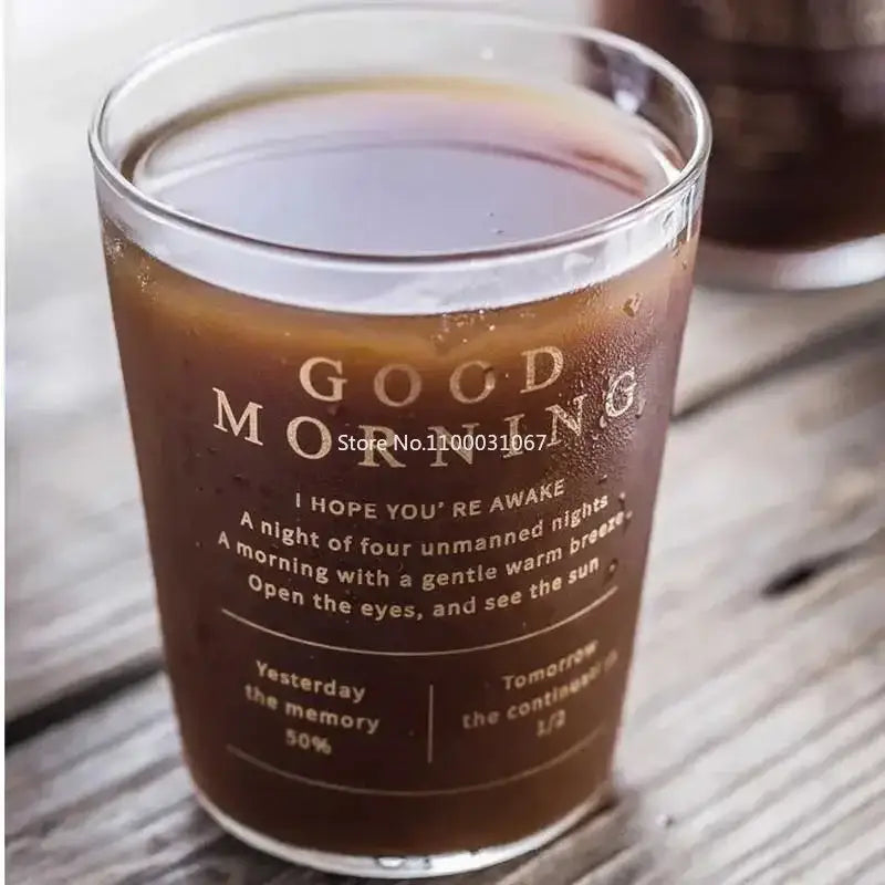 Clear glass decorbites glass breakfast cup with modern gold letter etching filled with iced coffee for kitchen use