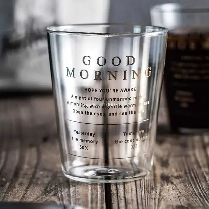 Modern gold letter glass breakfast cup made of clear decorbites glass with etched good morning text and motivational phrases