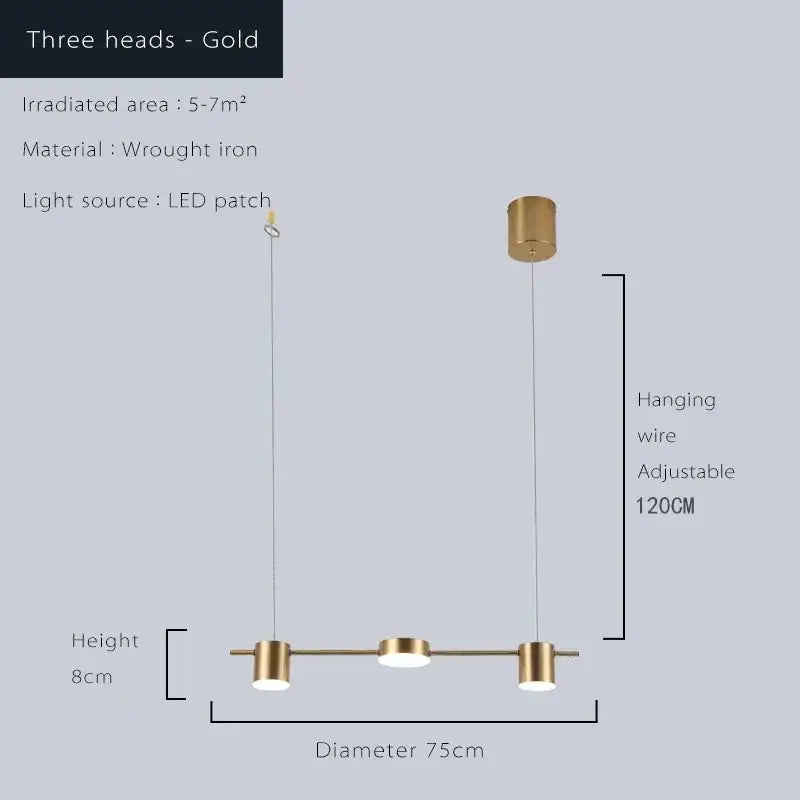 Modern gold linear dimmable led ceiling chandelier with three-head wrought iron pendant light for dining room decorbites dimmable led