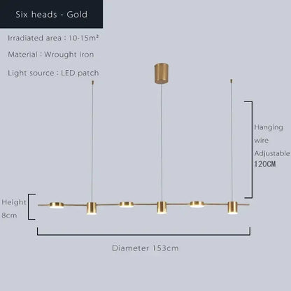 Modern gold wrought iron ceiling chandelier with six cylindrical dimmable led patch heads by decorbites linear design