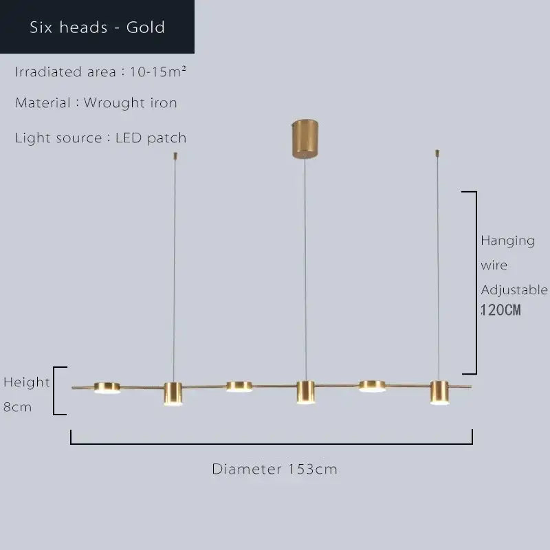 Modern gold wrought iron ceiling chandelier with six cylindrical dimmable led patch heads by decorbites linear design