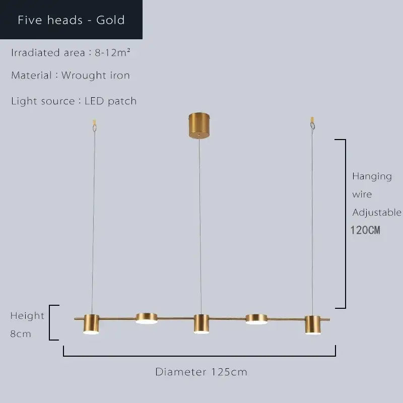 Gold-colored wrought iron modern ceiling chandelier with five cylindrical dimmable led heads for dining room decorbites dimmable led