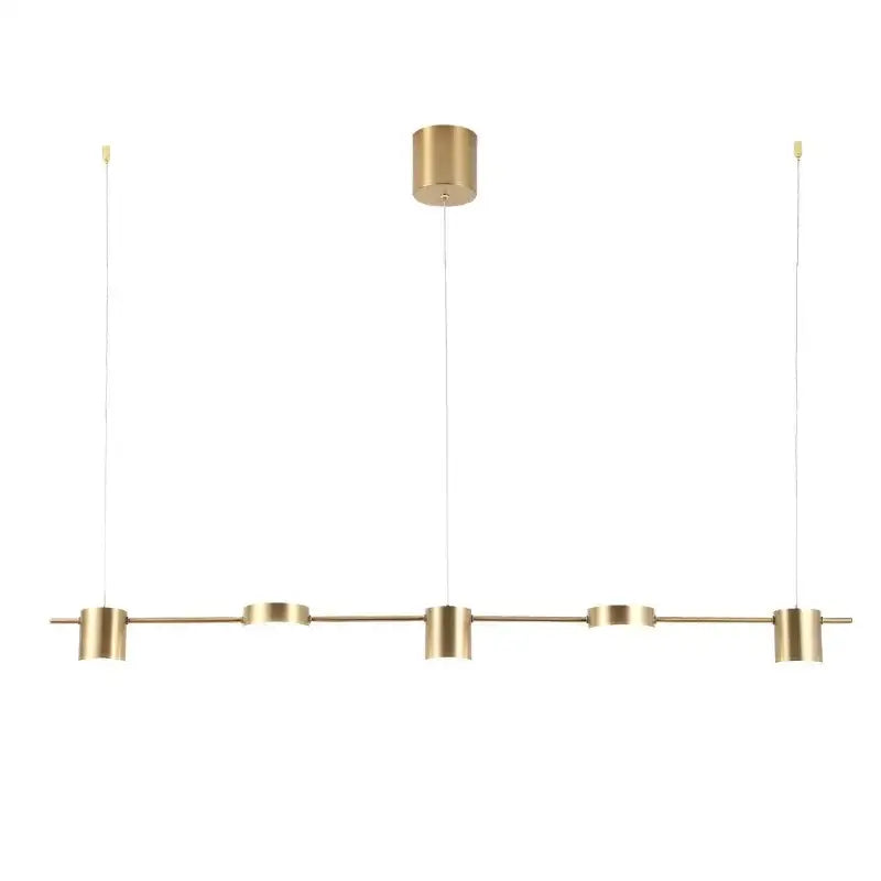 Modern gold linear dimmable led ceiling chandelier with five brass-finished cylindrical fixtures by decorbites