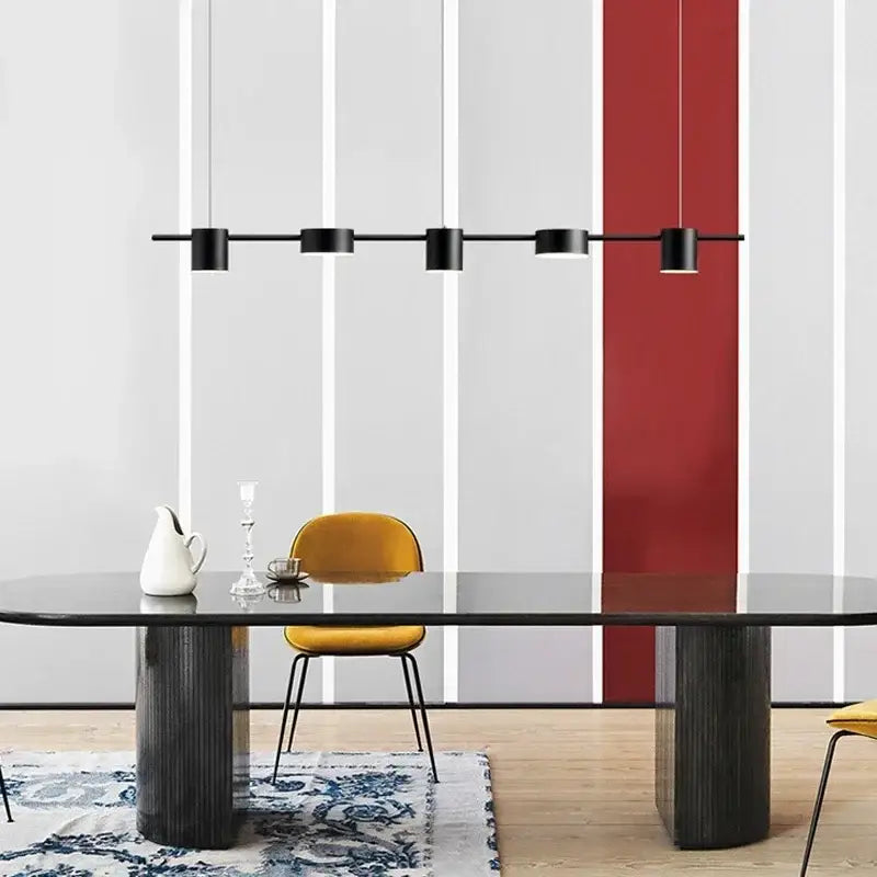 Black minimalist ceiling chandelier with five cylindrical fixtures decorbites dimmable led for dining room light