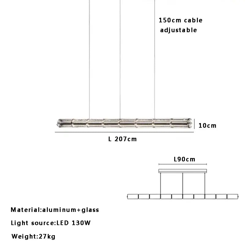 Long silver aluminum and glass led chandelier with 130w bulb designed for modern kitchen island lighting