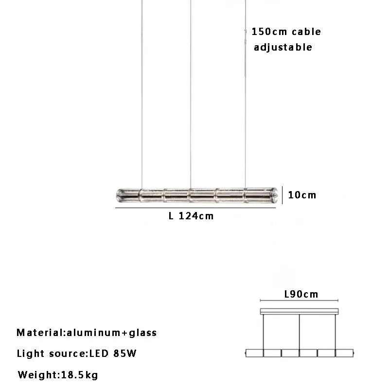 Modern gold linear glass led chandelier with sleek aluminum and glass design and adjustable 150cm cable for kitchen island