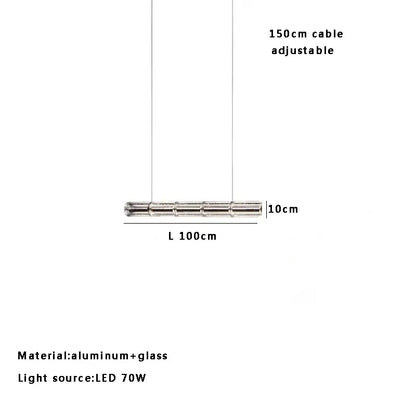 A modern gold linear glass led chandelier with a sleek 10cm aluminum and glass pendant light for kitchen island