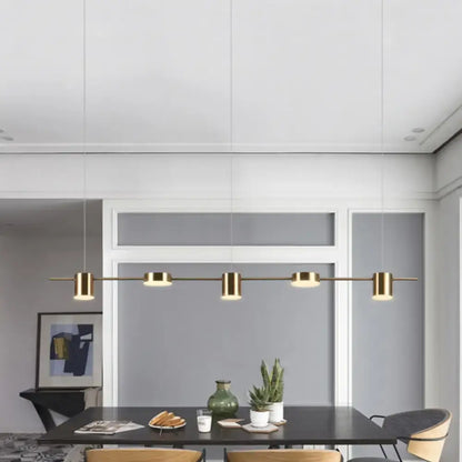 Modern gold linear shaped led pendant light with five cylindrical bulbs for dining room illumination