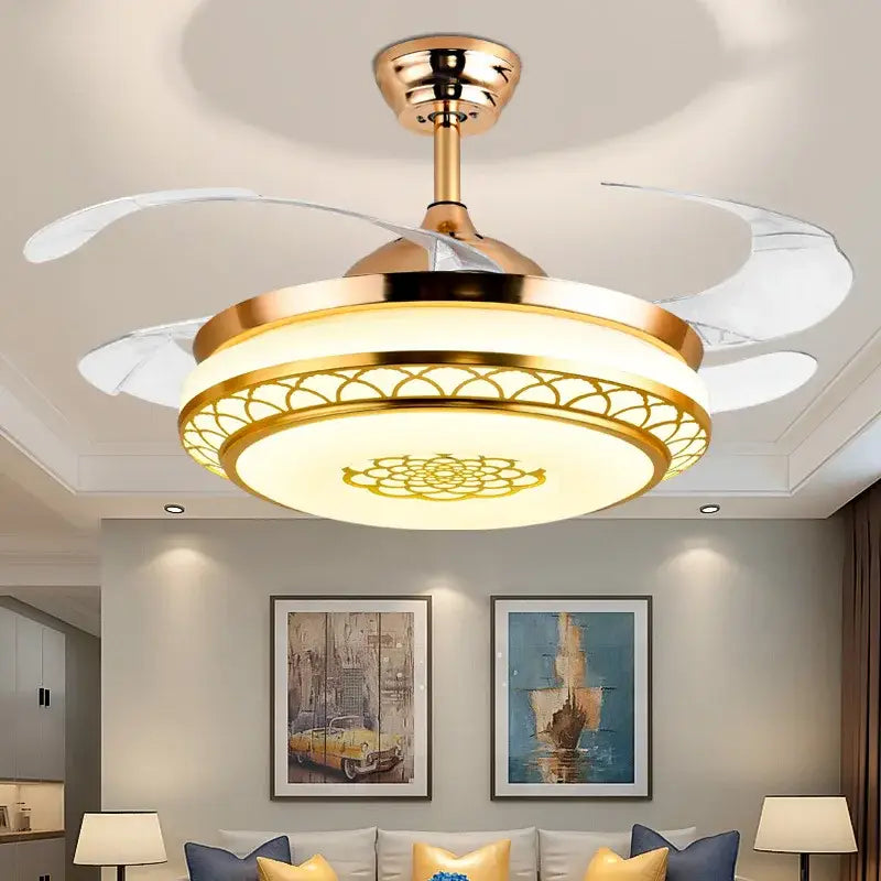 Modern gold living room fan light with translucent leaf-shaped blades for decorbites living room electric use