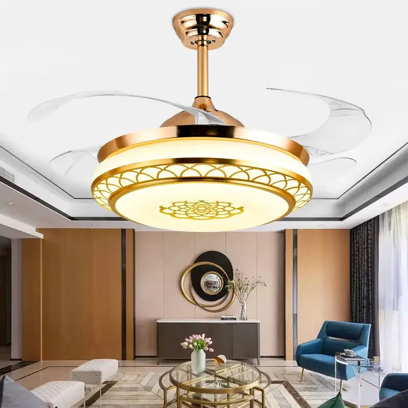 Modern gold living room fan light with translucent blades and lotus-patterned decorbites living room electric fixture