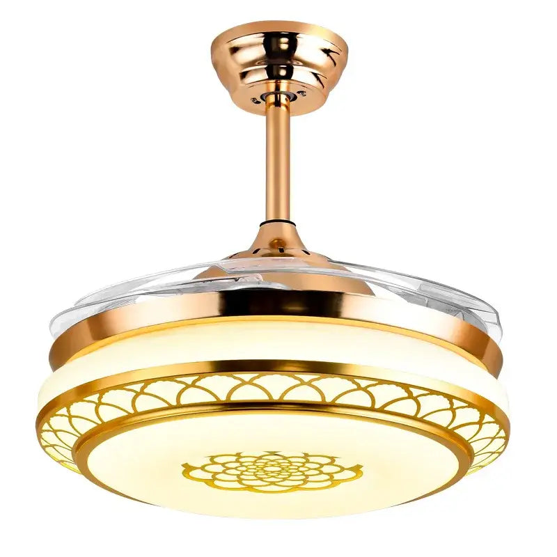 Modern gold living room fan light with floral illuminated panels and translucent blades for decorbites living room electric use