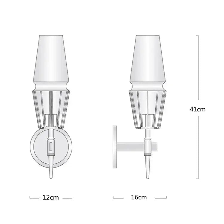 Silver-toned wall sconce with conical glass shade and wire cage design complementing decorbites gold lustre chandelier
