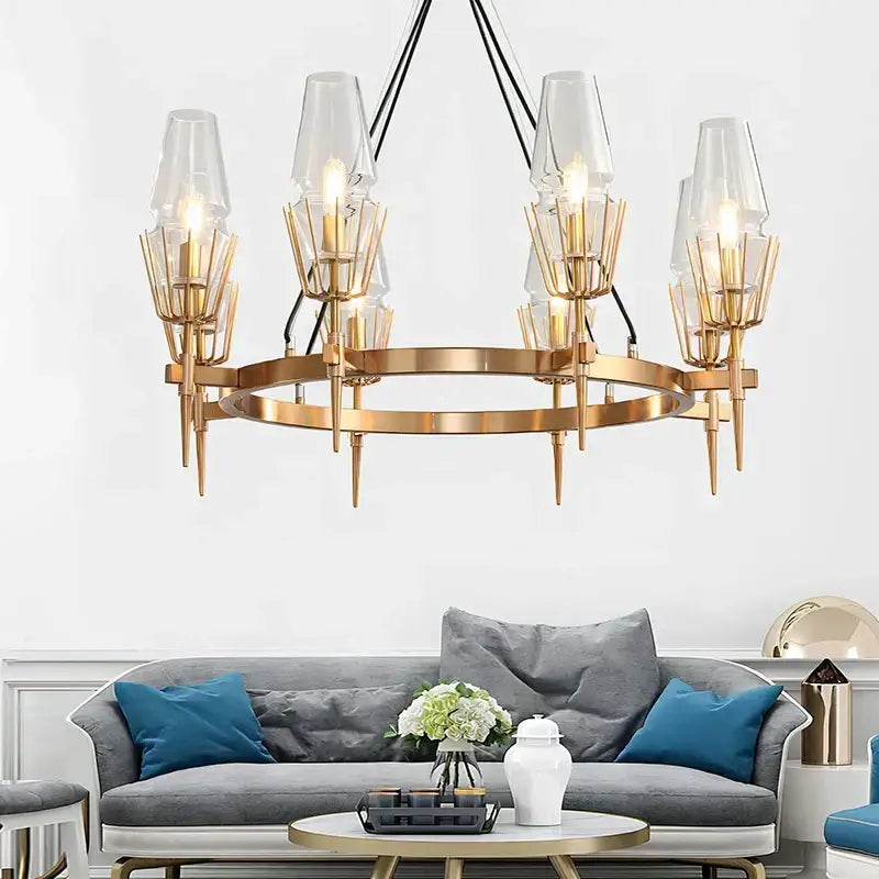 Modern gold lustre glass chandelier with clear glass shades and geometric design for dining room decorbites gold lustre