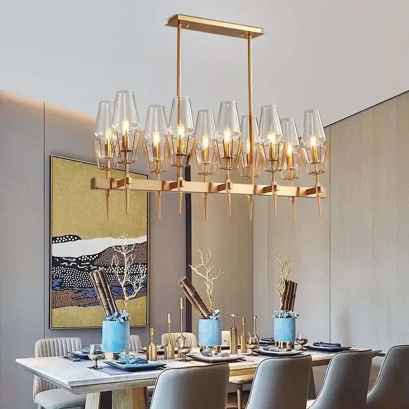 Modern gold lustre glass chandelier with clear glass shades and geometric design for dining room decorbites gold lustre