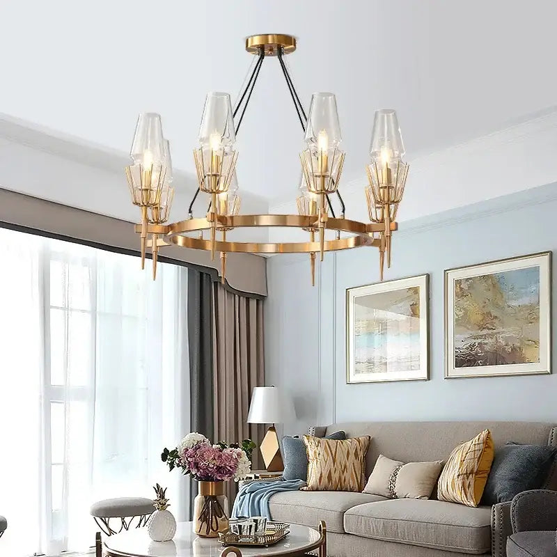 Modern gold lustre glass chandelier with clear glass shades and geometric design for dining room decorbites gold lustre