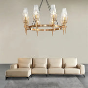 Modern gold lustre glass chandelier with clear glass shades and geometric design for dining room decorbites gold lustre