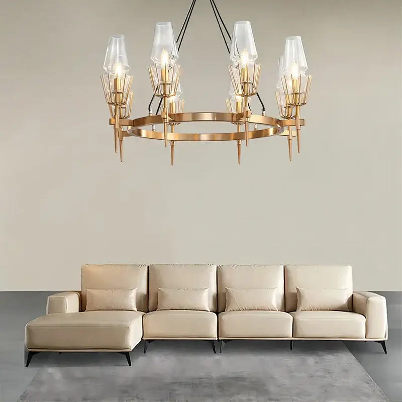Modern gold lustre glass chandelier with clear glass shades and geometric design for dining room decorbites gold lustre