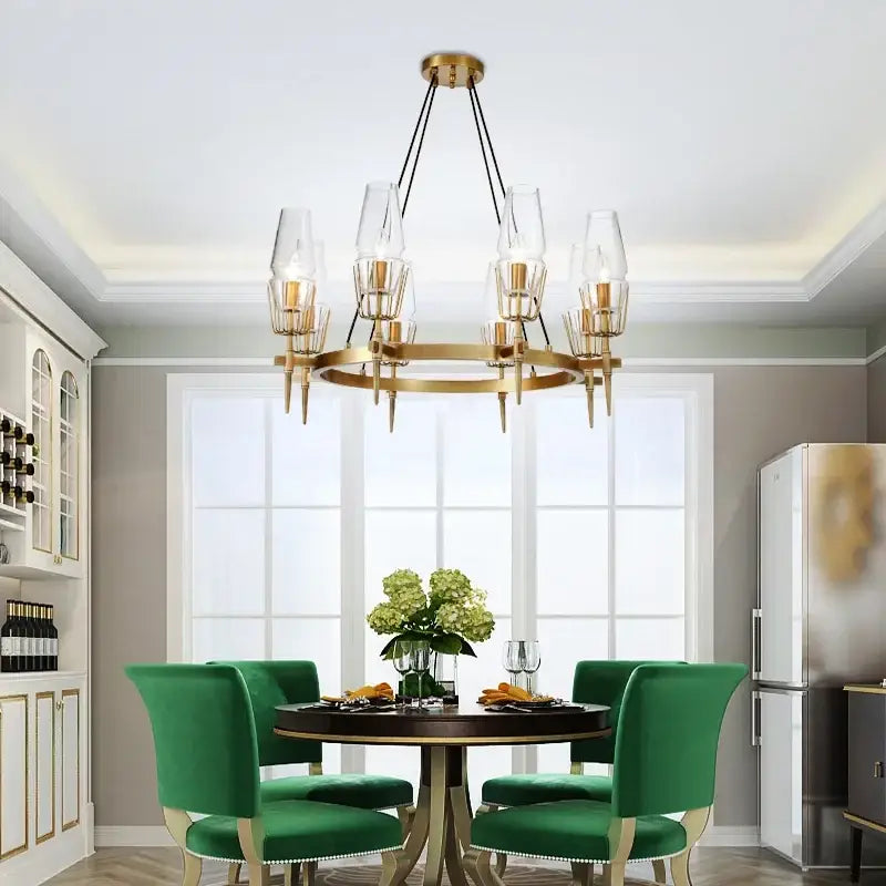 Modern gold lustre glass chandelier with clear glass shades and geometric design for dining room decorbites gold lustre