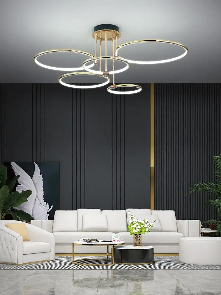 Modern gold luxury ring pendant chandelier with concentric LED rings and brass fixture for dining room decorbites gold luxury