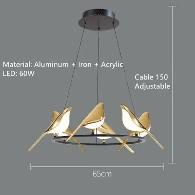 Modern gold magpie bird ceiling chandelier with gold-colored bird-shaped pendant and adjustable cable for living room decorbites gold magpie