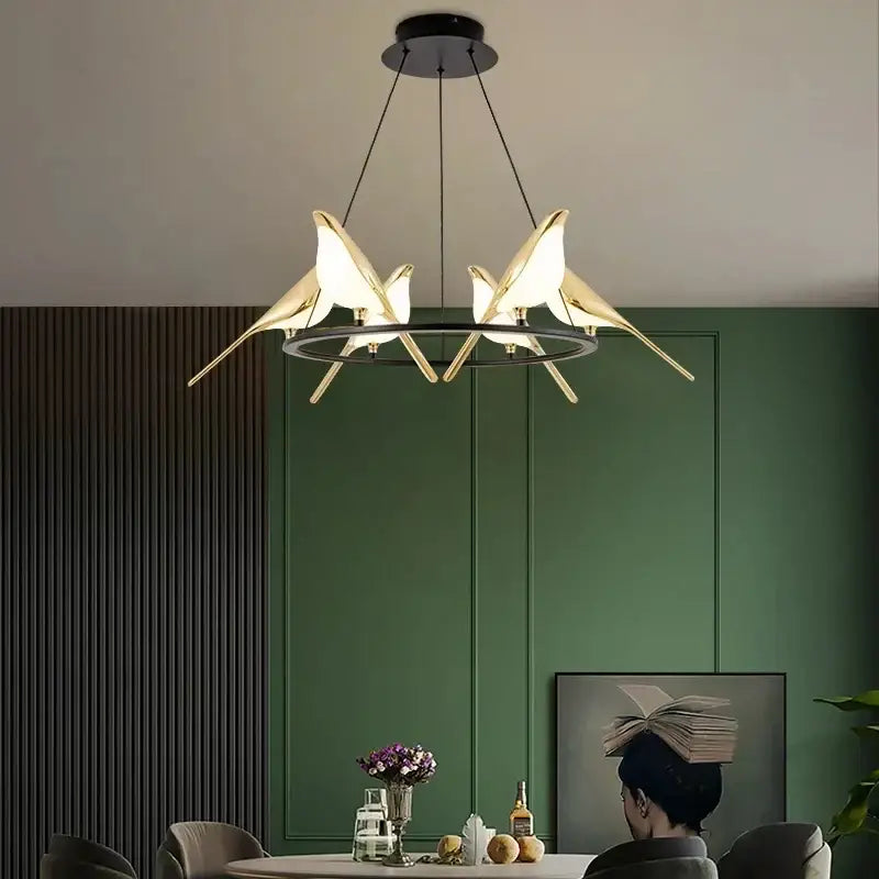 Modern gold magpie bird ceiling chandelier with gold-toned illuminated wings for stylish living room decorbites gold magpie