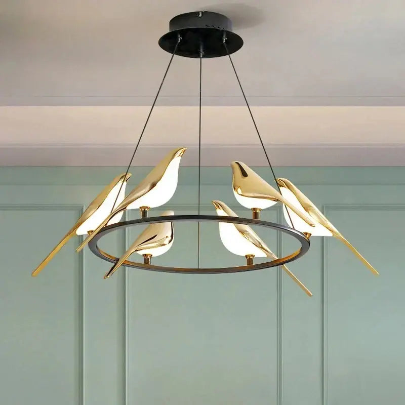 Modern gold magpie bird ceiling chandelier with gold-toned pendant and frosted glass accents for living room decorbites gold magpie