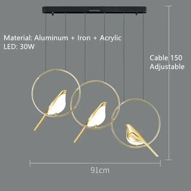 Modern gold magpie bird ceiling chandelier with three circular rings and black mounting bar for living room decorbites gold magpie