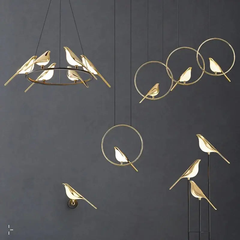 Modern gold magpie bird ceiling chandelier with gold-toned bird-shaped pendant lights and circular metal frames decorbites gold magpie