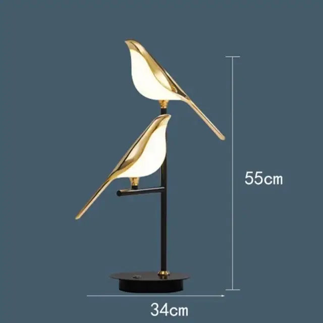 Modern gold magpie bird led chandelier pendant light with gold-toned magpie bird-shaped lamps on sleek black stand