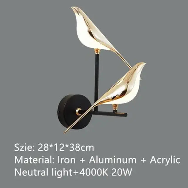 Modern gold magpie bird led chandelier with gold-toned metallic finish and black mounting base for dining room decorbites gold magpie