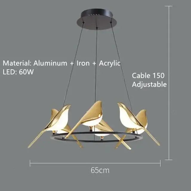 Modern gold magpie bird led chandelier with adjustable cable and black circular base for dining room decorbites gold magpie