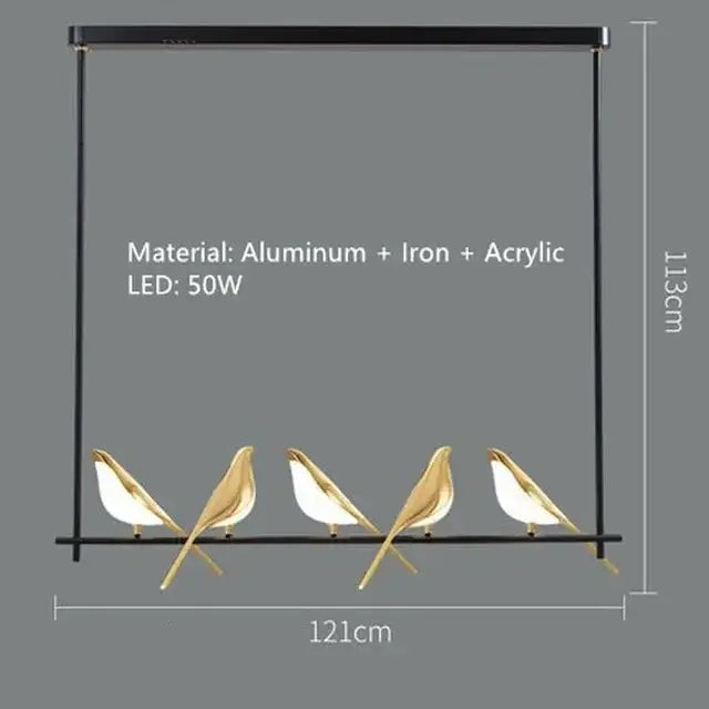 Modern black-framed decorbites gold magpie bird led chandelier with five gold magpie bird figurines for dining room lighting
