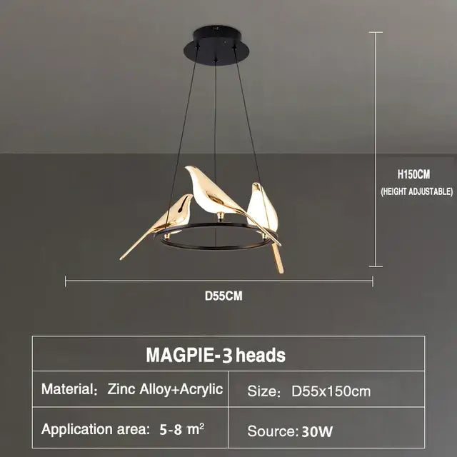 Modern gold magpie bird led ring chandelier with three black and gold zinc alloy birds on acrylic base for dining room decorbites gold magpie