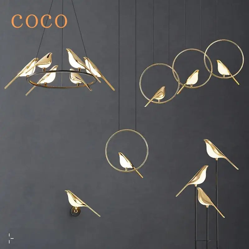 Modern gold magpie bird led ring chandelier featuring gold-toned minimalist bird-shaped pendant lights for dining room decorbites gold magpie