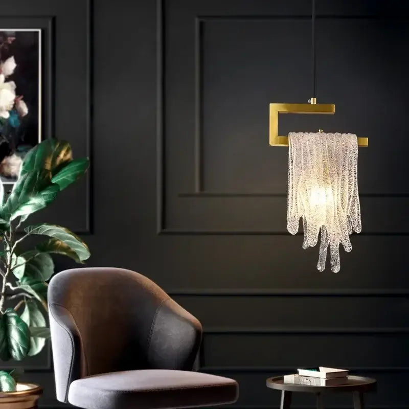 Modern gold melting ice crystal led pendant light with a rectangular frame and cascading glass strands for bedroom decorbites crystal led decor