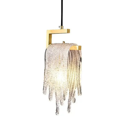 Modern gold-toned geometric frame pendant light with cascading textured glass drips for bedroom decorbites crystal led decor