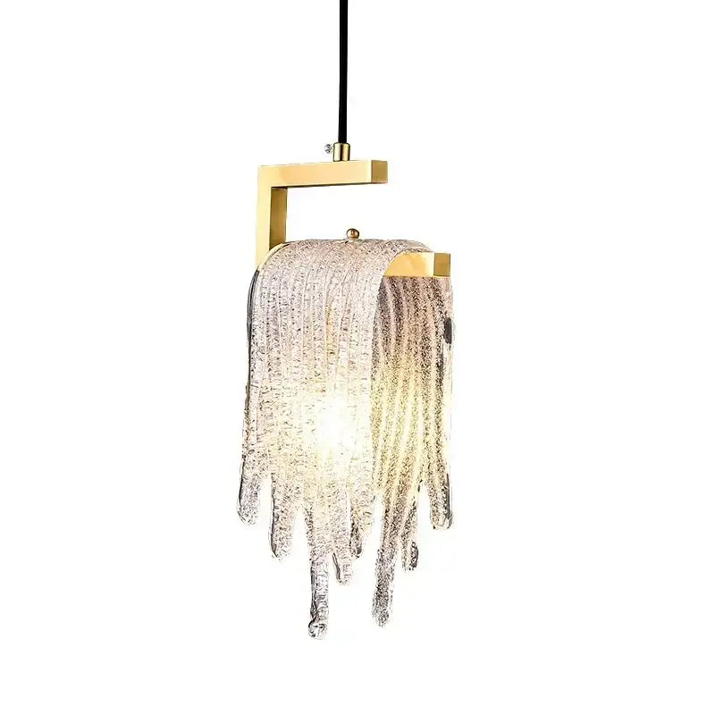Modern gold-toned geometric frame pendant light with cascading textured glass drips for bedroom decorbites crystal led decor