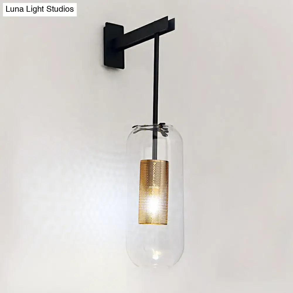 Modern gold mesh hanging light wall sconce with clear glass cylinder and black metal housing suitable for 220v-240v and 110v-120v