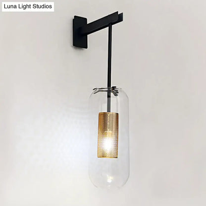 Modern gold mesh hanging light wall sconce with clear glass cylinder and black metal housing suitable for 220v-240v and 110v-120v