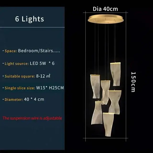 Modern gold mesh duplex building chandelier with six translucent fabric shades suspended from circular mount