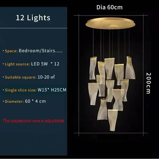 Modern gold mesh duplex building chandelier ceiling pendant light with 12 led bulbs in translucent sculptural glass shades