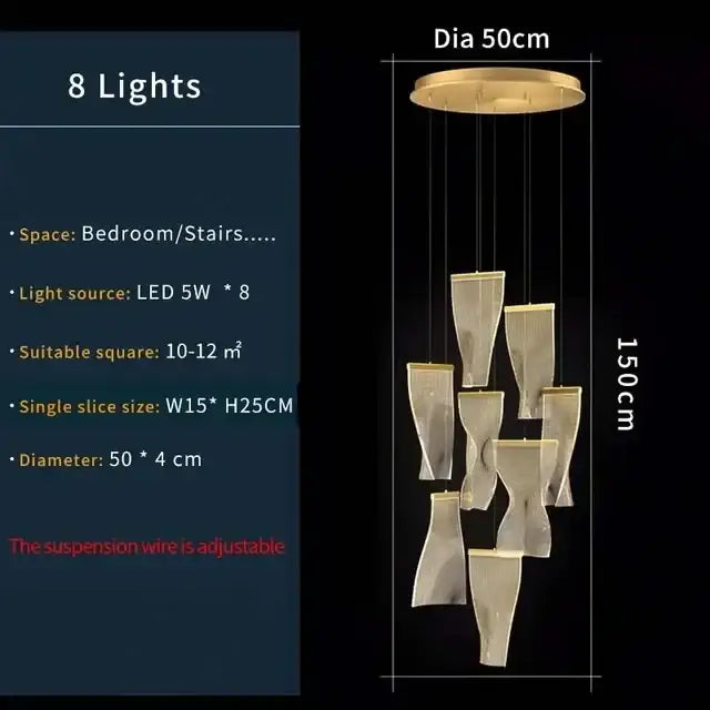 Modern gold mesh duplex building chandelier with eight led lights and cascading translucent fabric shades for living rooms