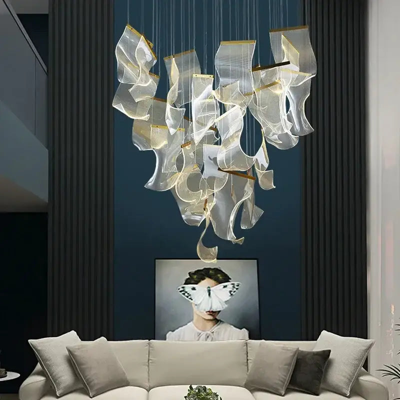 Modern gold mesh duplex building chandelier with transparent acrylic and gold-toned accents for living room pendant light