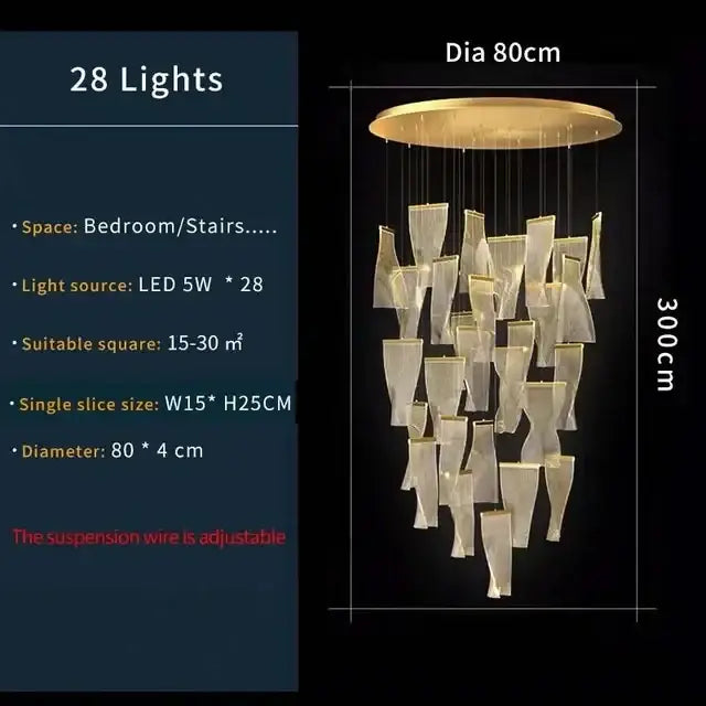 A modern gold mesh duplex building chandelier with 28 warm white leds in translucent glass shades for living rooms