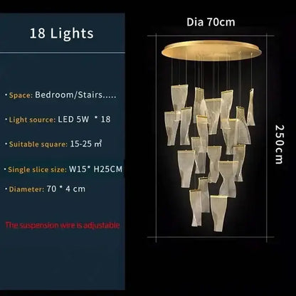 Modern gold mesh duplex building chandelier with 18 gold-toned glass pendant lights for living room ceiling lighting